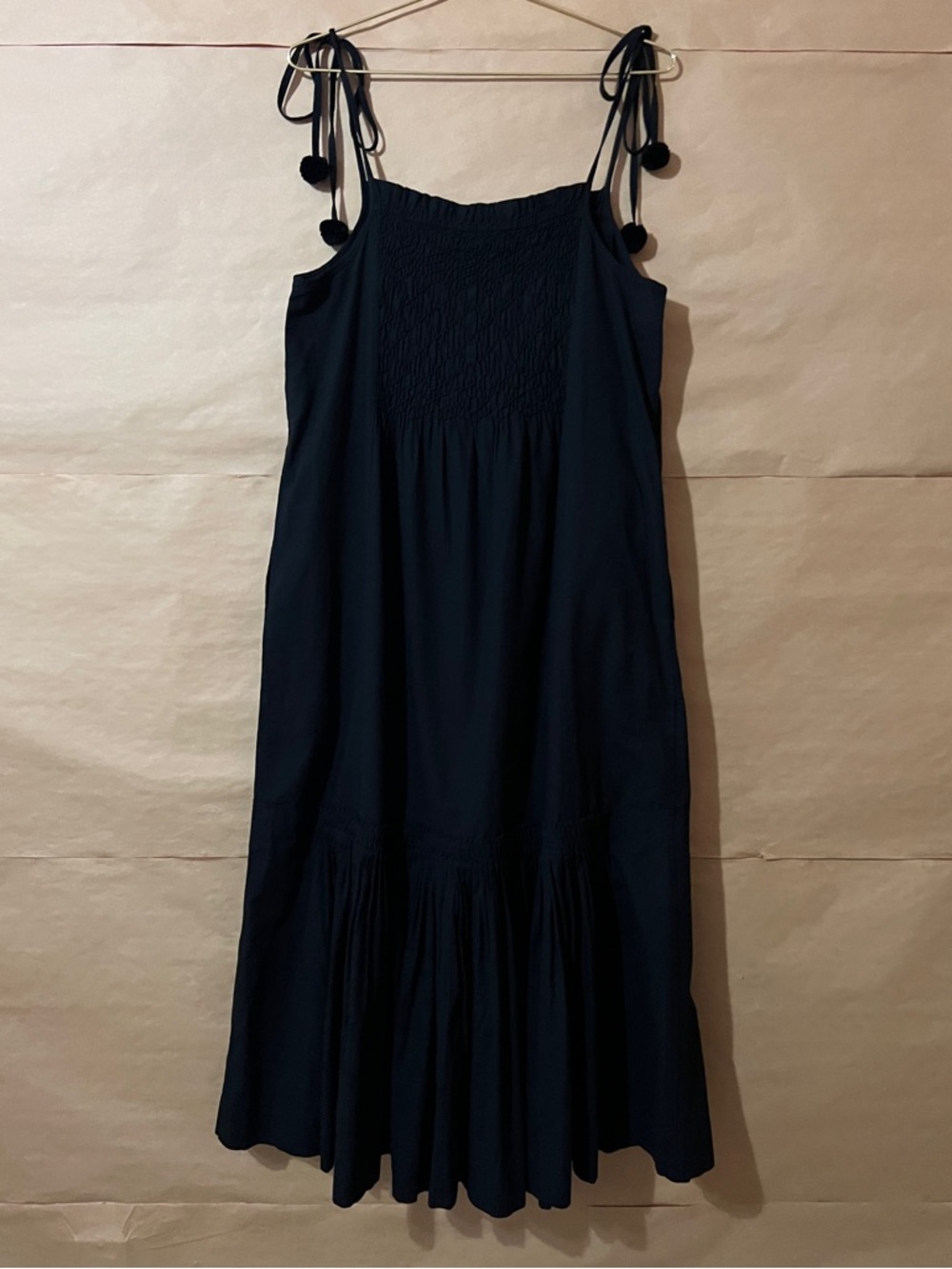 Sea New York | Willa Smocked Midi Dress Tie Strap Pom Pom Black Size M - Picture 8 of 11